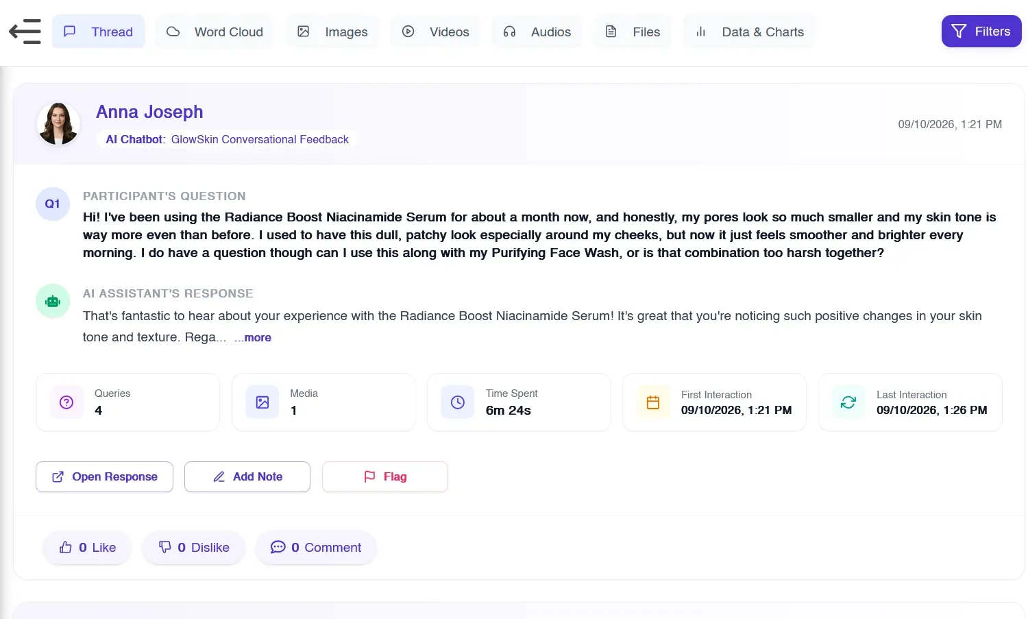 Figure 3: A participant's open-ended conversation with an AI chatbot, captured alongside query count, media shared and time spent.