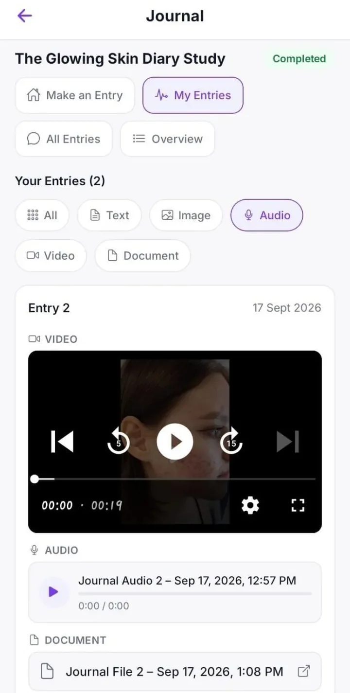 Figure 4: A mobile diary entry combining video, audio and a document, capturing emotion in several formats at once.