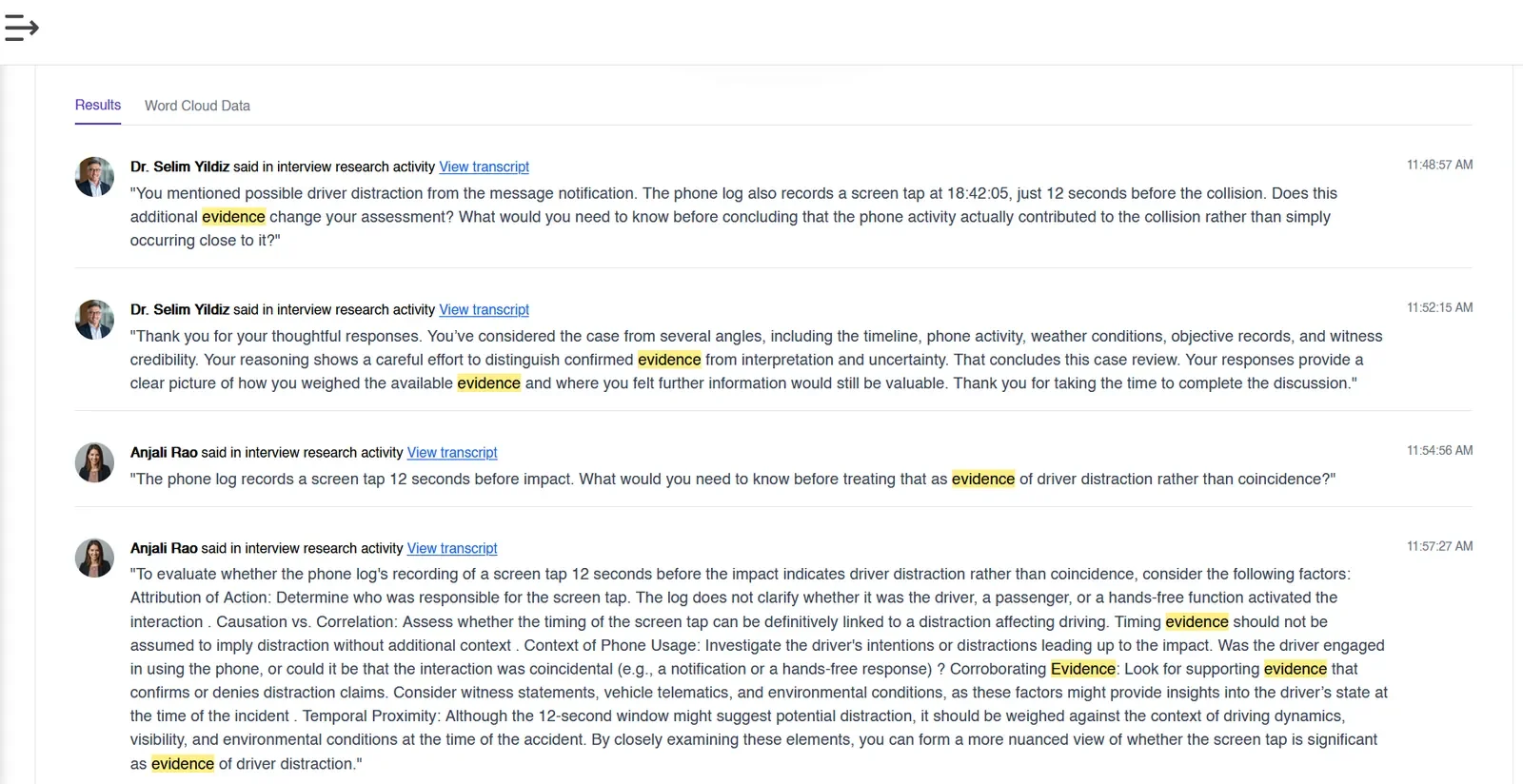 Figure 10: Keyword search results that trace a highlighted term back to the exact participant responses and transcripts.