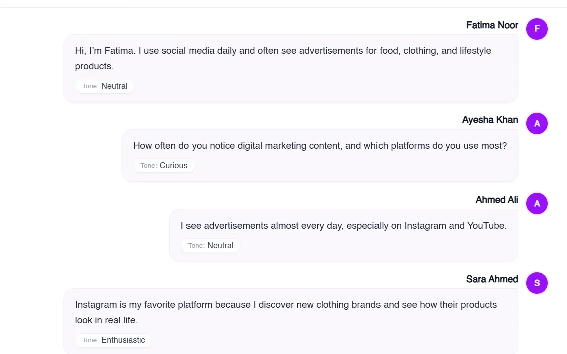Figure 20: An online group discussion in which AI tags the tone of each message, such as neutral, curious or enthusiastic.