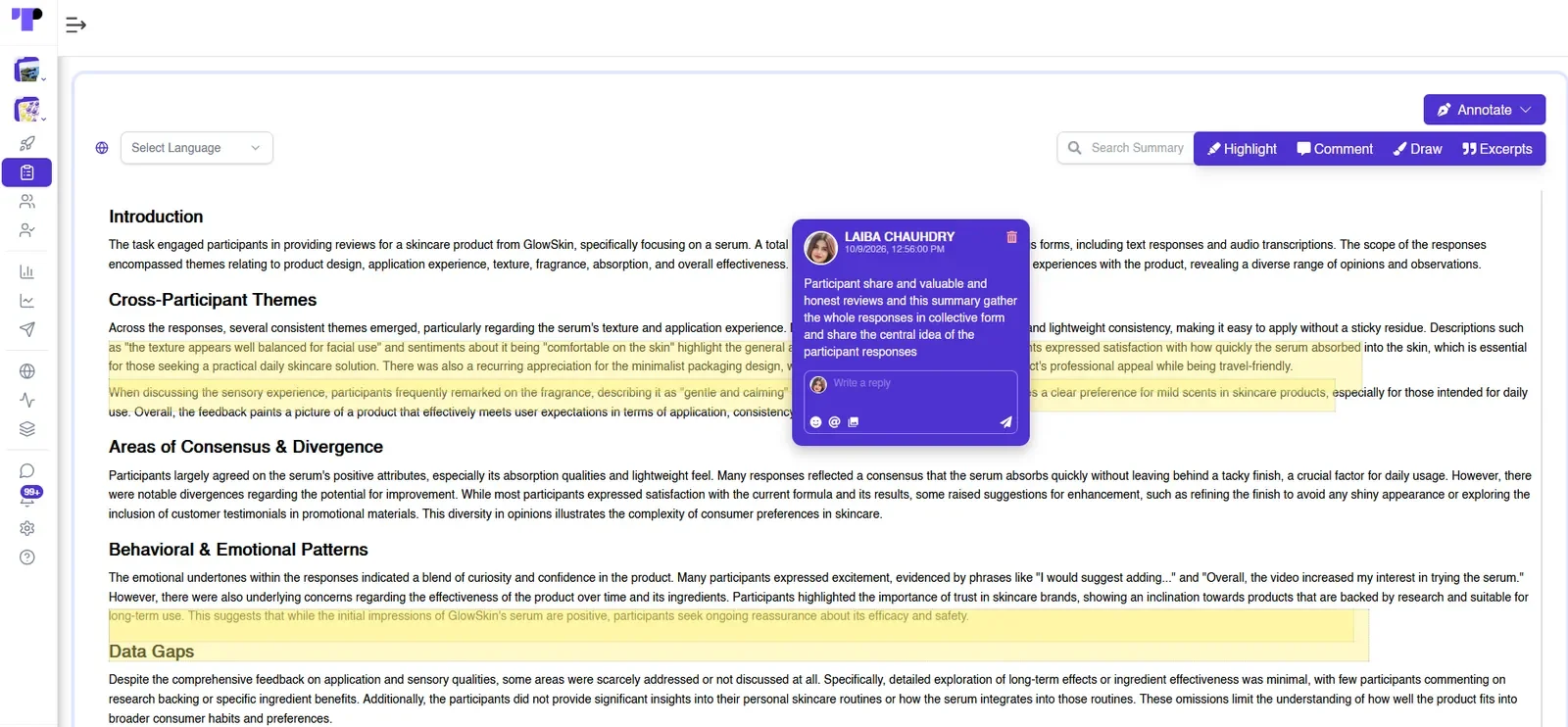 Figure 21: An AI-generated summary grouping participant responses into themes, consensus, emotional patterns and data gaps, with highlights and a team comment added through the Annotate tools.