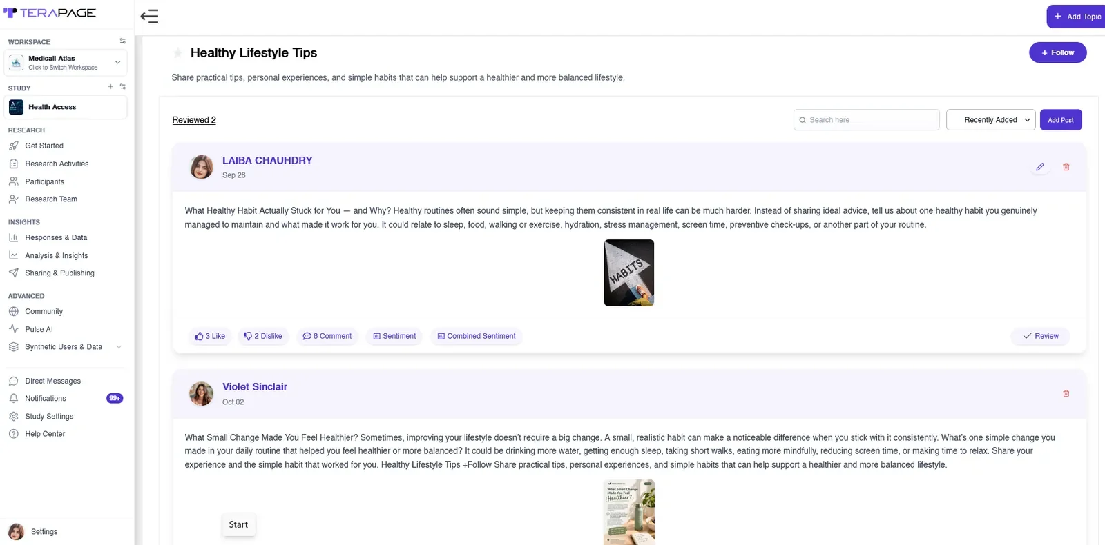 Figure 25: A discussion board in a long-term insight community, where each post can be analysed for sentiment individually or across the whole thread.