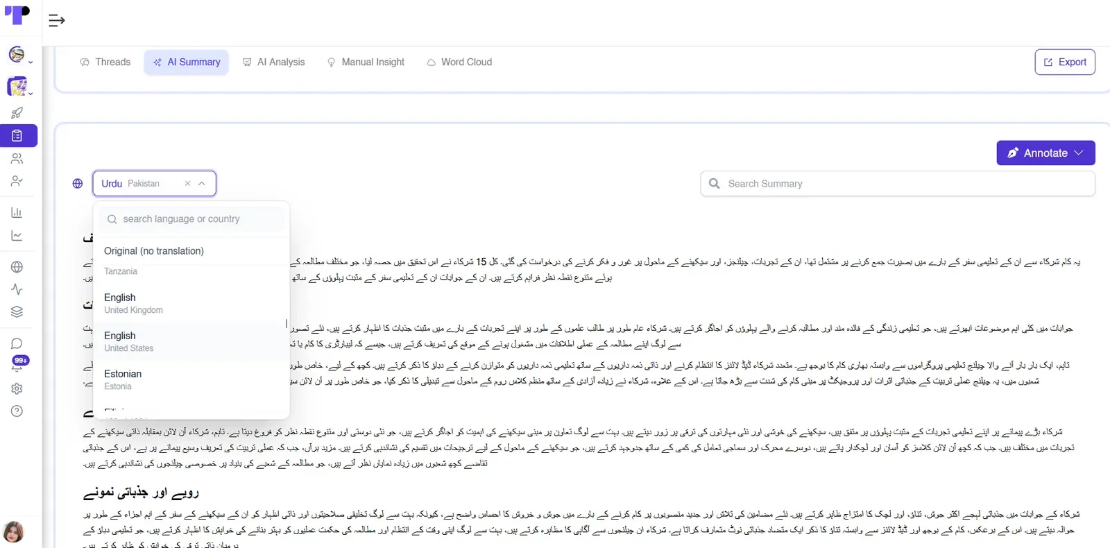 Figure 27: Translating an AI-generated summary into Urdu directly within the analysis view.