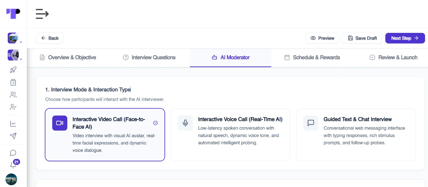  Figure 1: Recruiters choose the format for an AI-moderated interview, video, voice or text chat, while creating the study on Terapage.