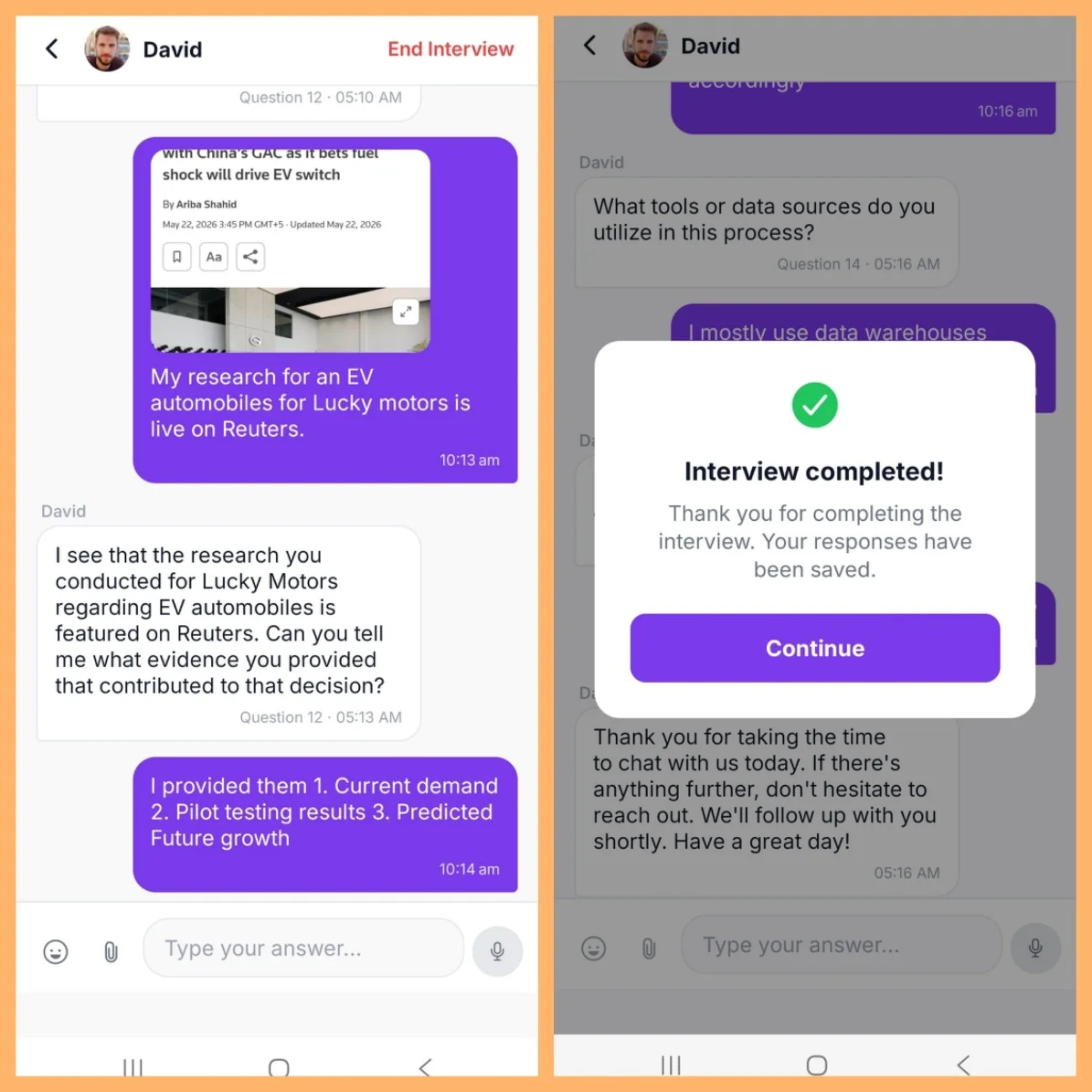 Figure 4: AI-moderated chat interviews support multimedia answers, so candidates can share links, files and examples during recruitment screening.