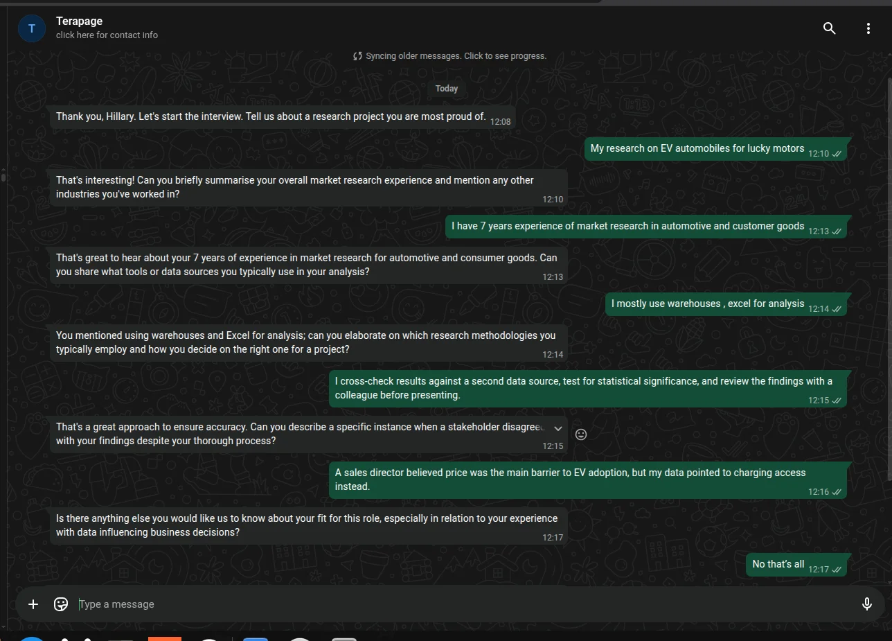 Figure 5: An AI-moderated text interview on WhatsApp, where an AI agent screens candidates through conversational questions and follow-up probes.