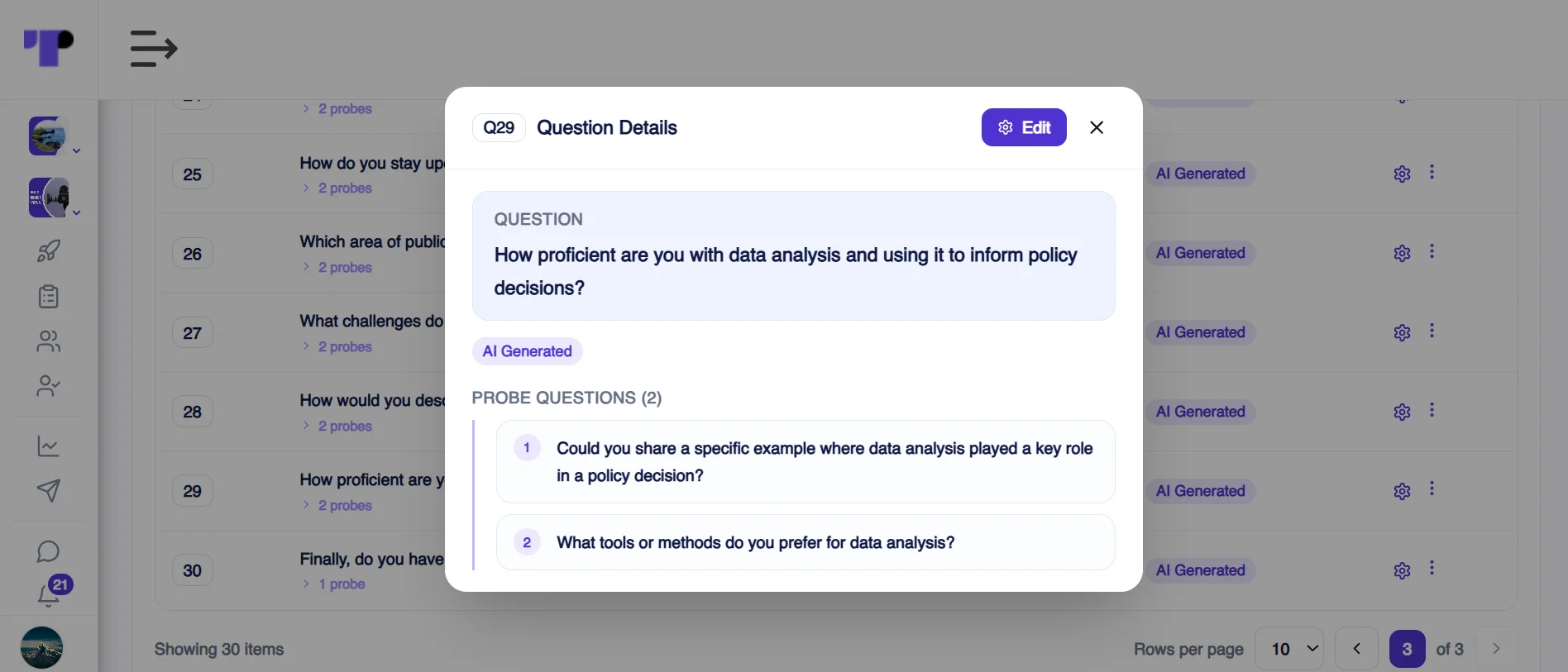 Figure 13: AI-generated questions and probes for AI-moderated telephone interviews used in candidate screening.