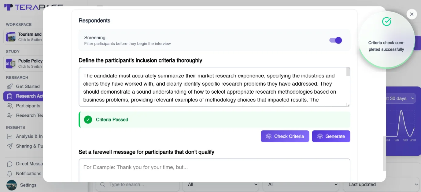 Figure 15: Recruiters define candidate screening criteria and a farewell message for candidates who do not qualify before AI-moderated interviews begin.