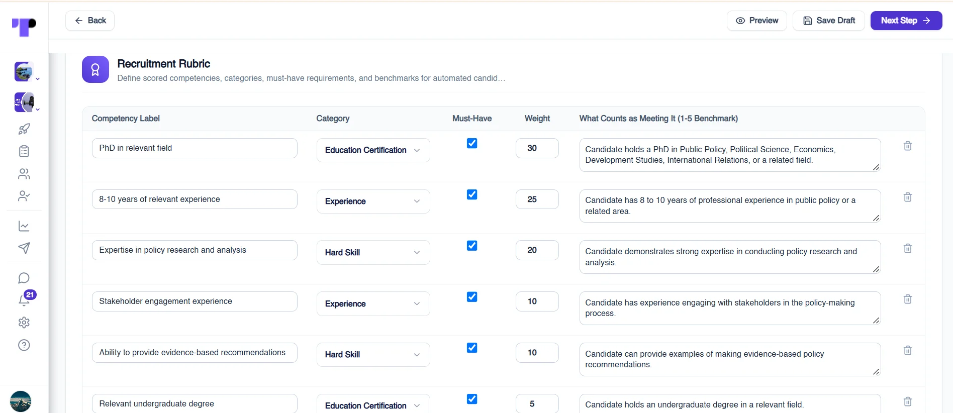 Figure 17: Recruiters select the required competency levels in the rubric for AI-moderated interviews.