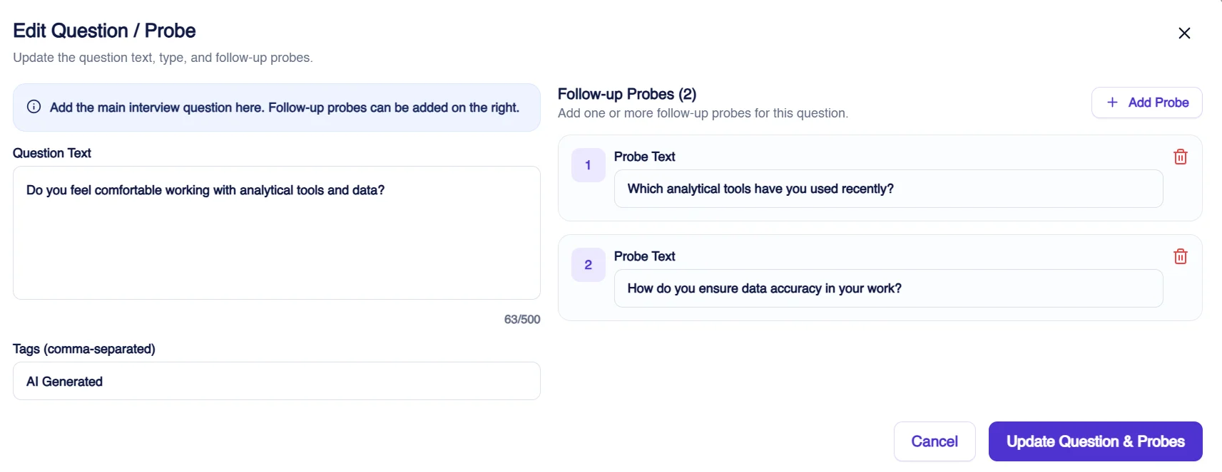 Figure 20: Recruiters edit AI-generated questions and follow-up probes for AI-moderated interviews.