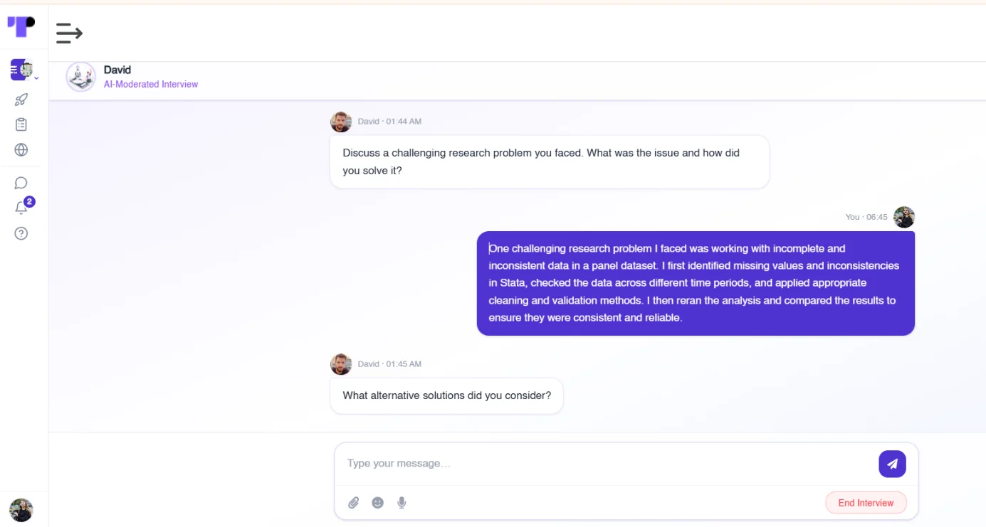 Figure 22: A candidate answers questions while the AI moderator asks relevant follow-up questions through adaptive probing.