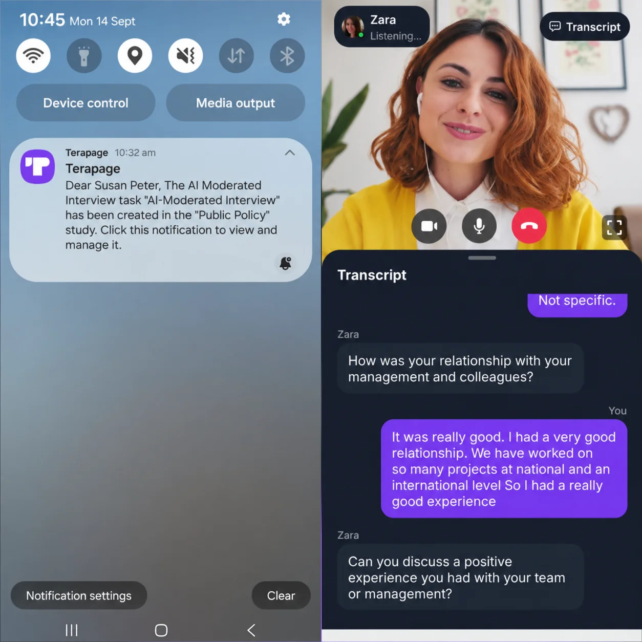 Figure 23: The AI moderator probes deeper into a candidate's team relationships during a video interview for more effective screening.