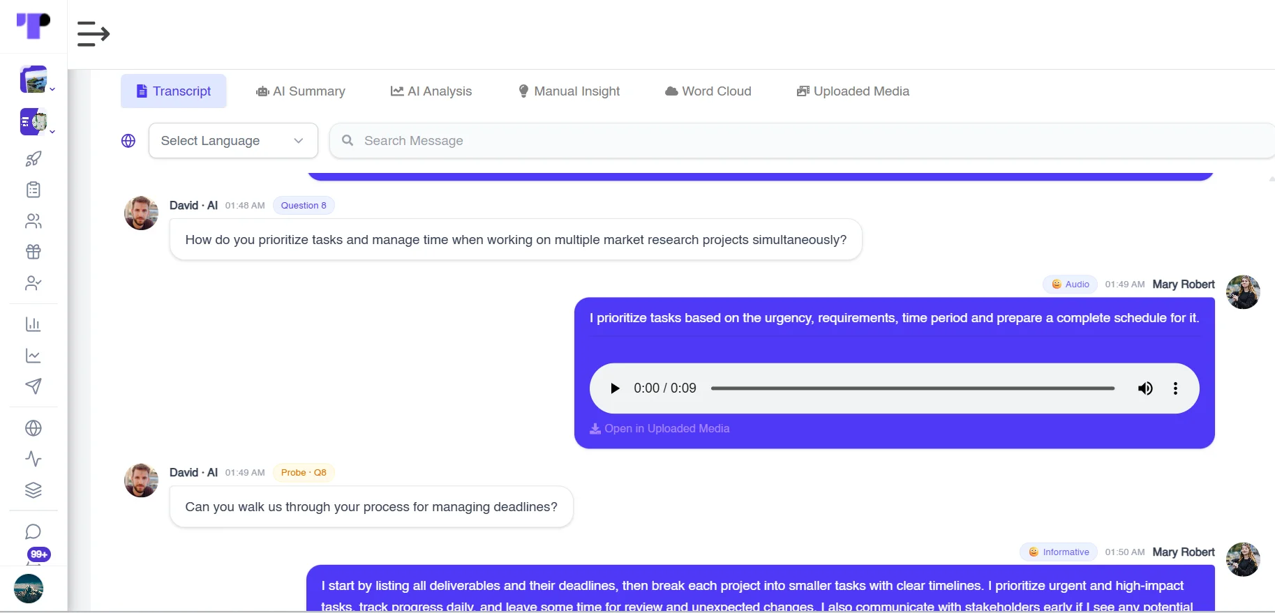 Figure 29: The transcript of every candidate interview is available on Terapage for further review and analysis.