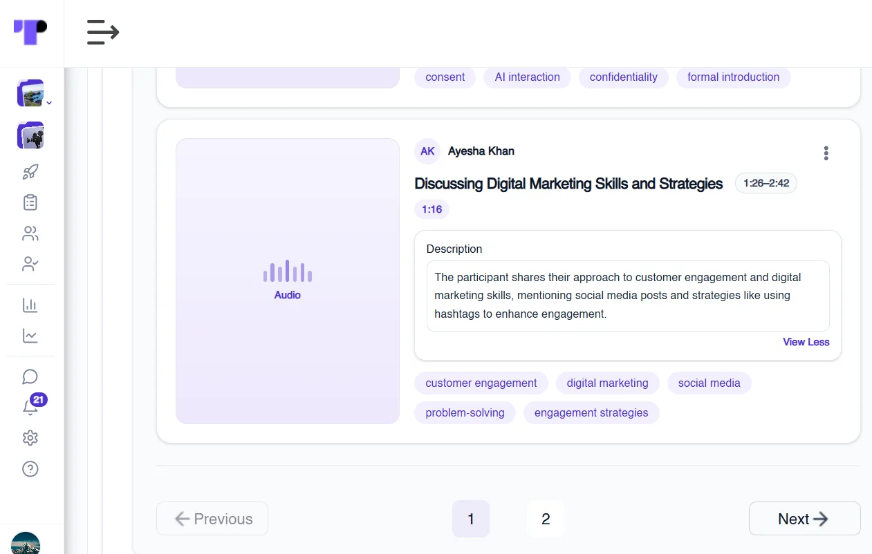 Figure 31: AI-generated highlight reels give recruiters a quick snapshot of each candidate's responses, with tagged experiences for easy review.