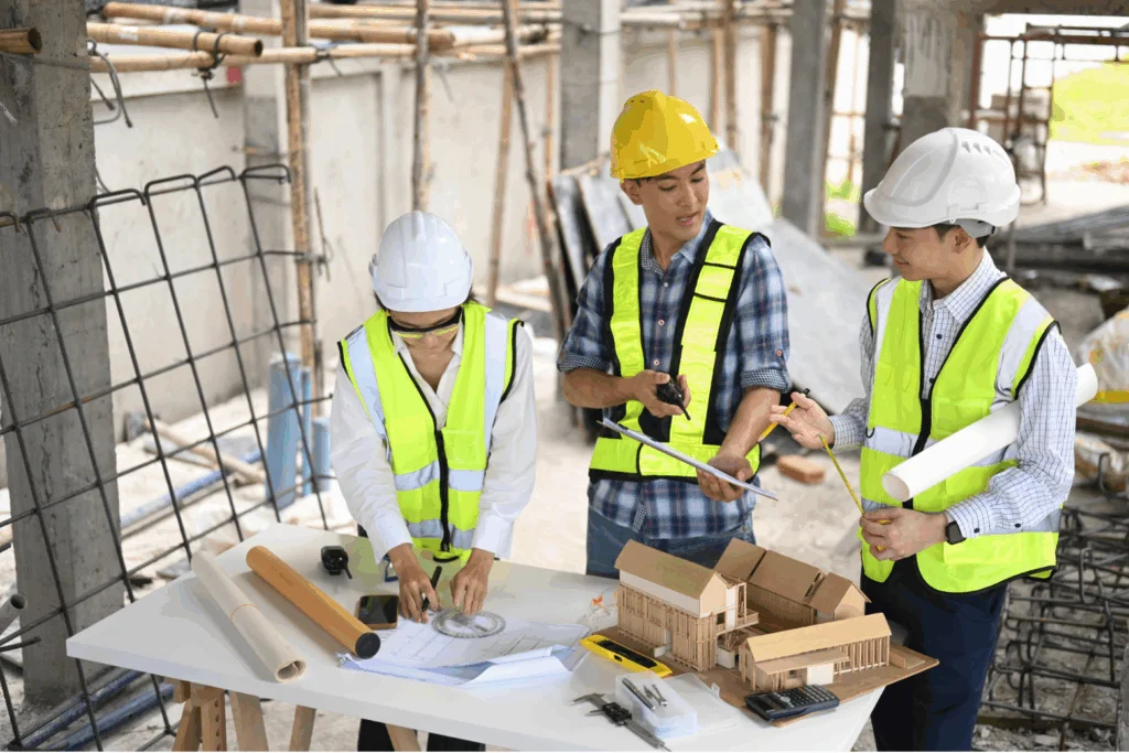 professionals and inspectors collaborating on a house project