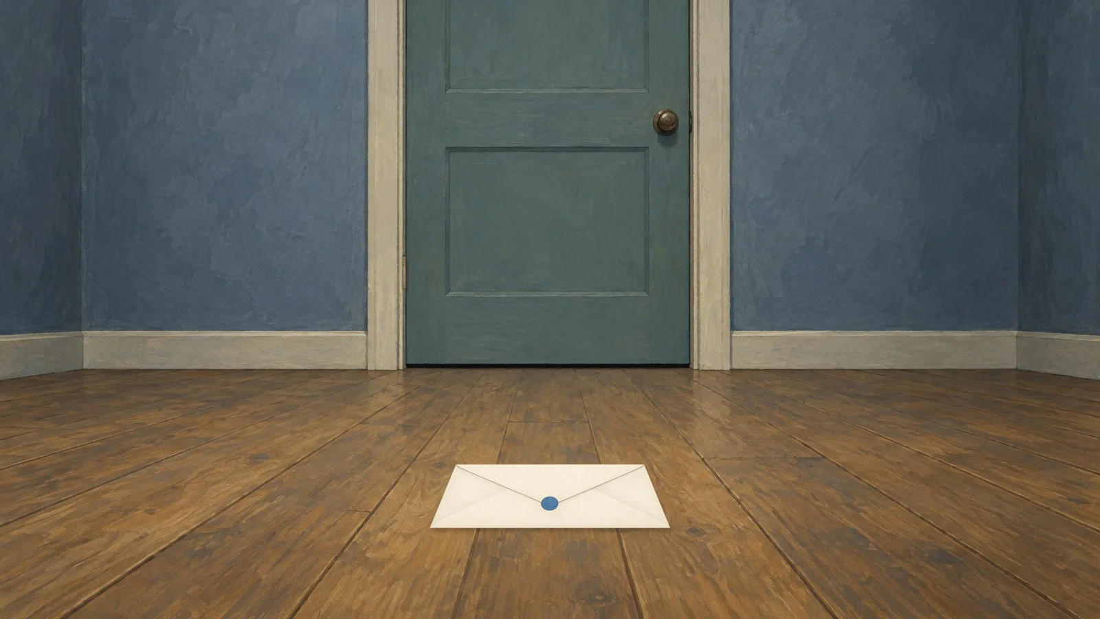 The final-image riddle: a letter has arrived, but the sender remains outside the picture. An invented planning illustration.