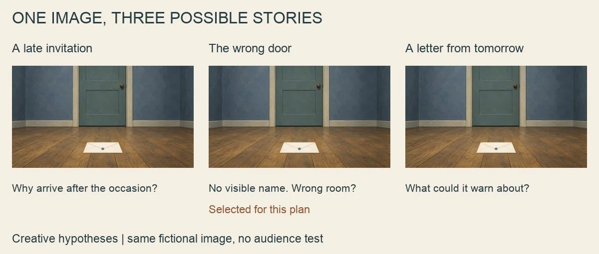 Three creative hypotheses about one image, not audience findings or tested video variations.
