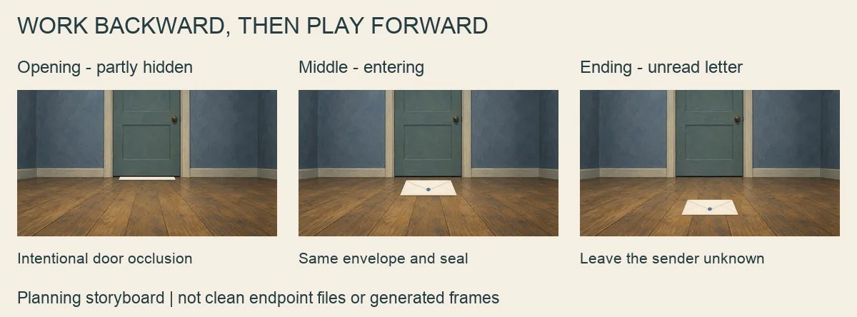 The selected plan reads left to right. Door occlusion at the start is intentional; these teaching panels are not clean endpoint files or generated video frames.
