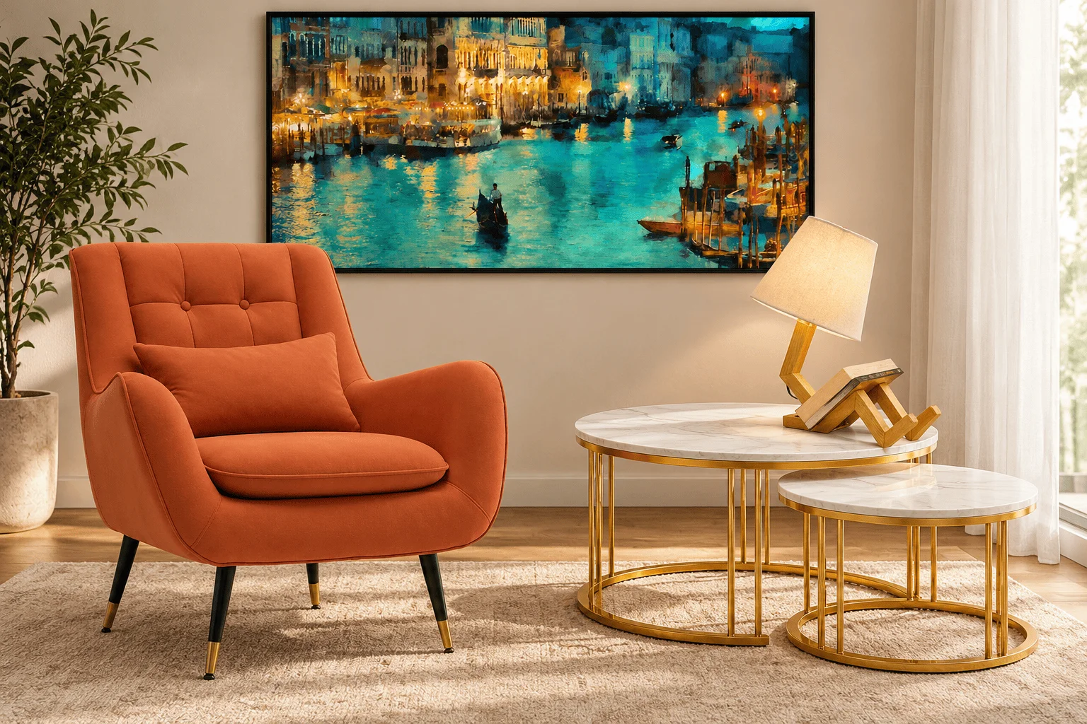 Vibecrafts wall art, nesting tables, and a wooden lamp paired with an accent chair for a small living room. AI-generated styling concept.