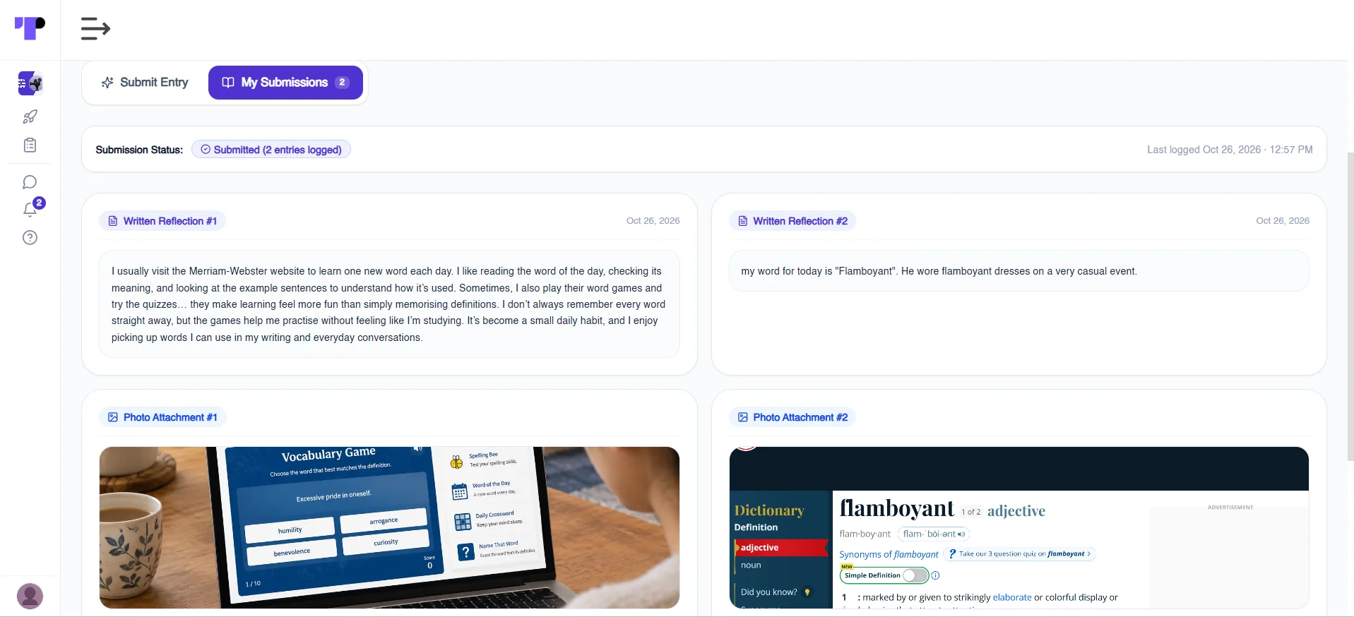 Figure 4: Participant submitting an open journal entry for the day in the Terapage workspace.