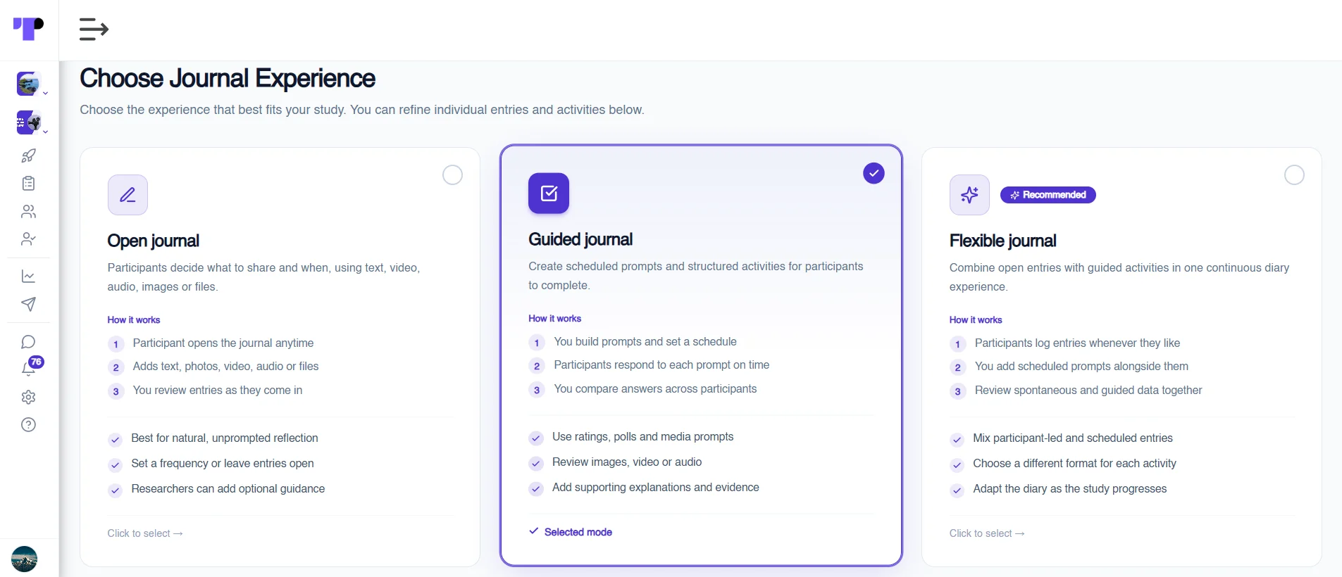 Figure 5: A researcher selecting the Guided Journal activity in the Terapage workspace.