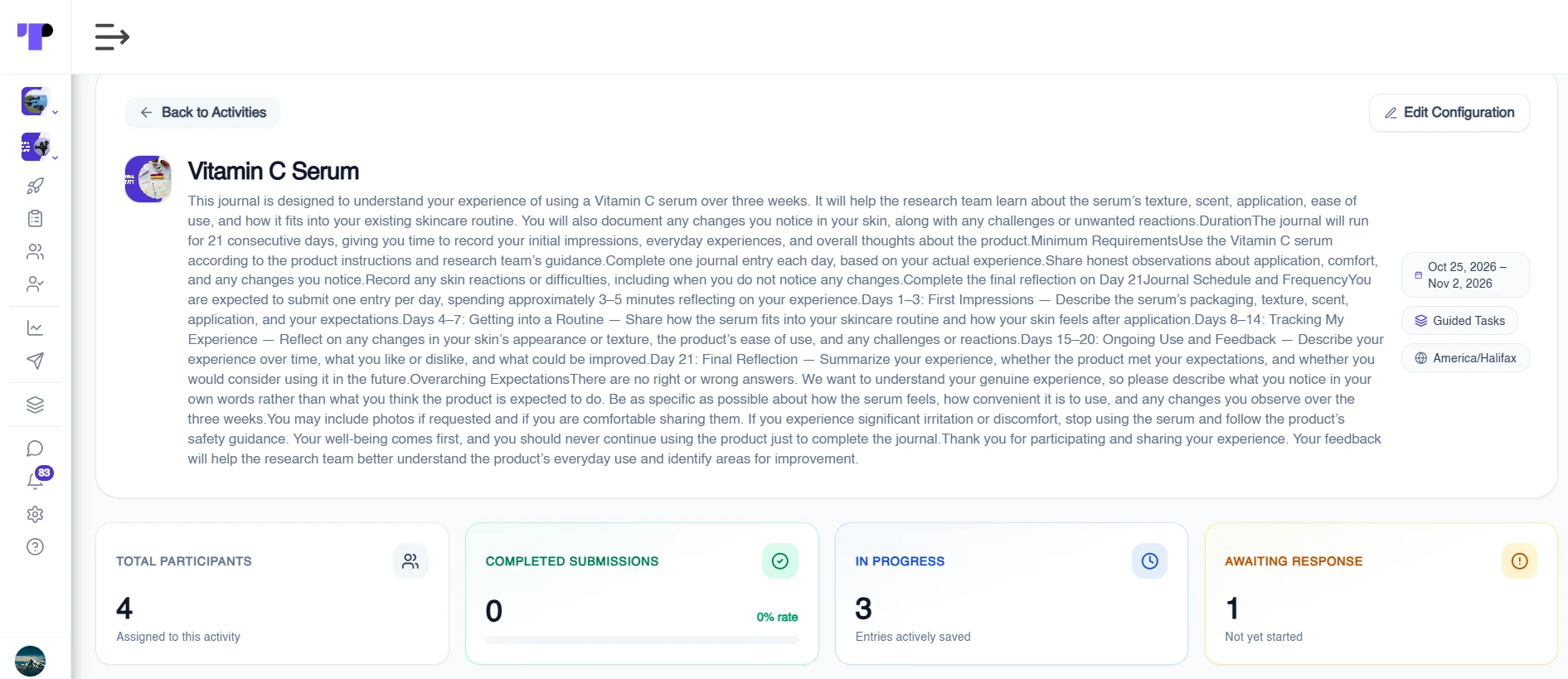  Figure 6: A guided journal dashboard on Terapage displaying the number of participant responses, activity description and study duration.