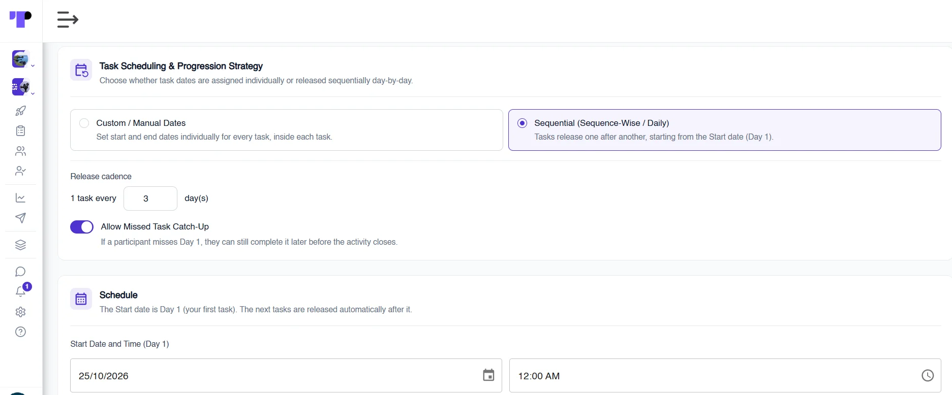 Figure 9: In Terapage, researchers set when each guided journal task opens and closes, then decide if participants can still submit a task they missed.