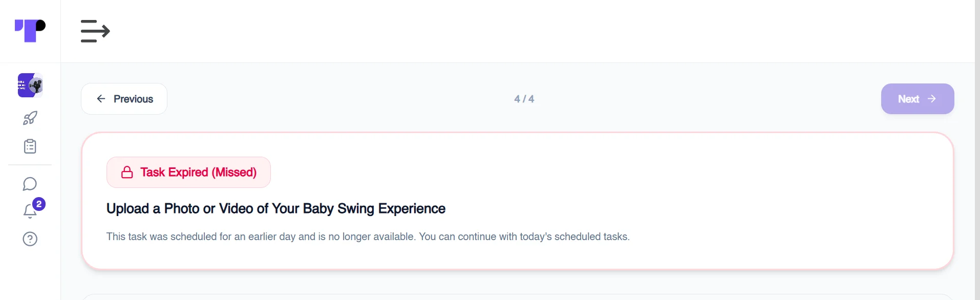 Figure 10: Terapage shows participants when a task has been missed. The response window is closed, so no answer can be added, while later tasks stay open.