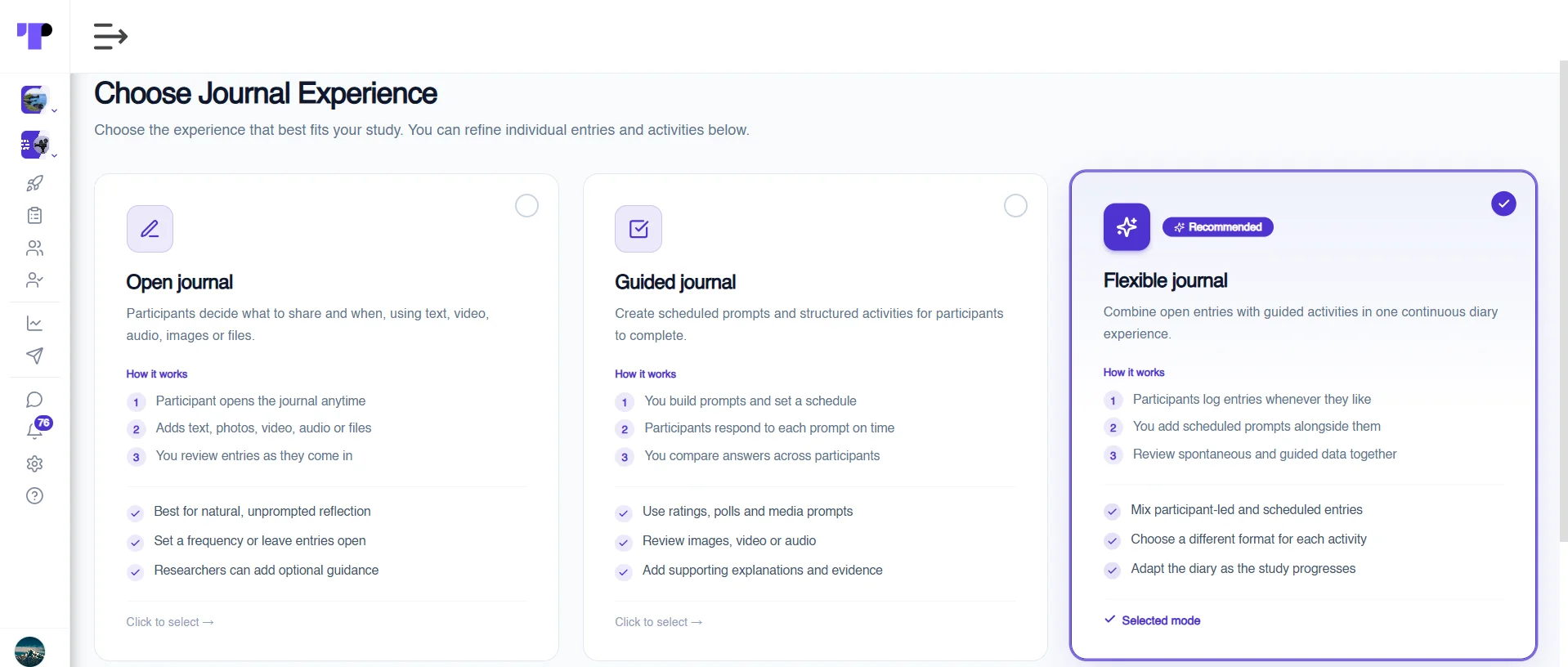 Figure 11: A researcher selecting the Flexible Journal activity in the Terapage workspace.