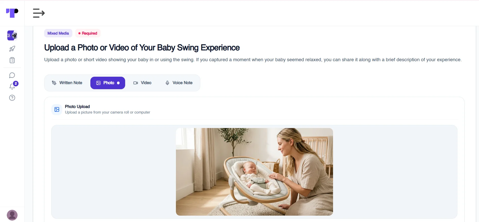 Figure 18: A participant uploads a multimedia response to a journal activity on Terapage, documenting their experience using a baby swing.