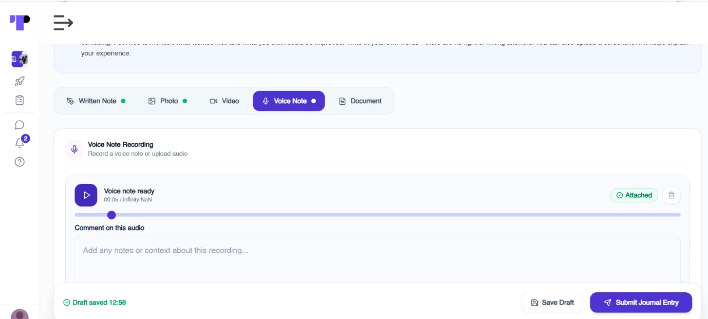 Figure 19: Participants can record voice entries in open journal or diary study activities on Terapage, sharing their experiences and observations in their own words.