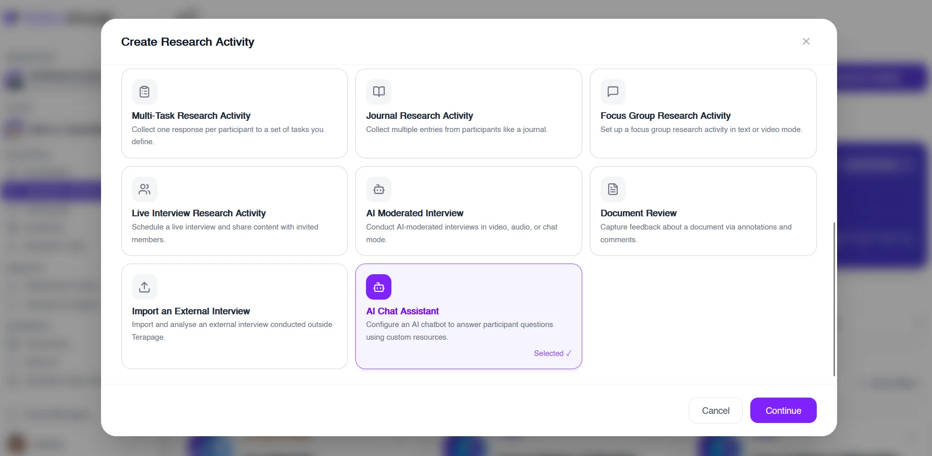 Figure 1: AI Chat Assistant selected as the research activity type when creating a new research activity on Terapage.
