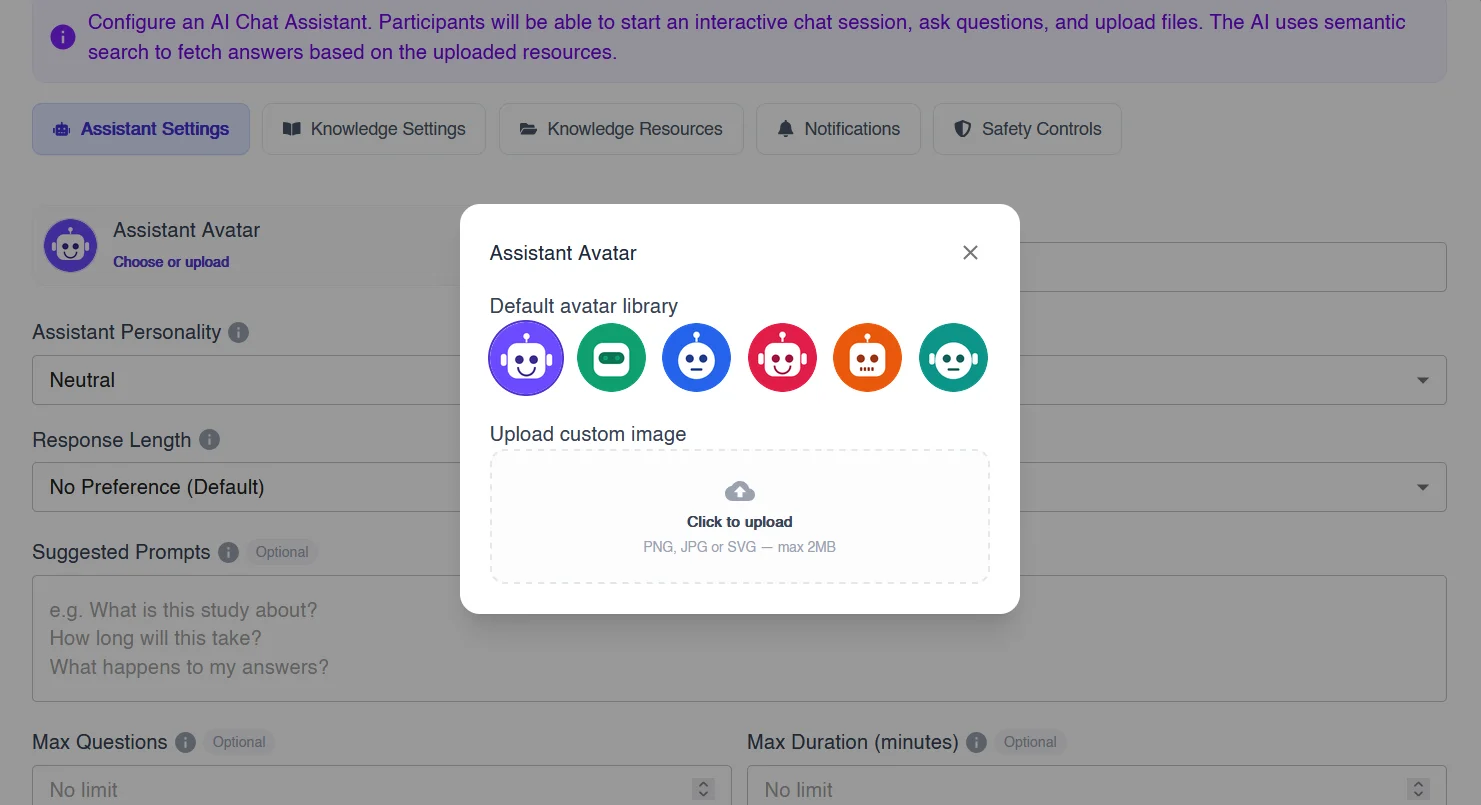 Figure 2: Choosing an avatar for an AI study assistant from the default library or uploading a custom image.