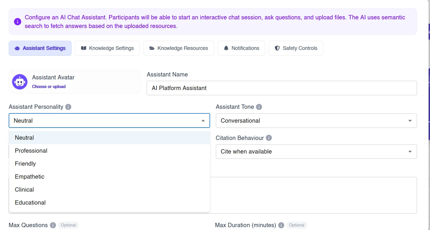Figure 3: Assistant personality options for an AI study assistant: neutral, professional, friendly, empathetic, clinical and educational.