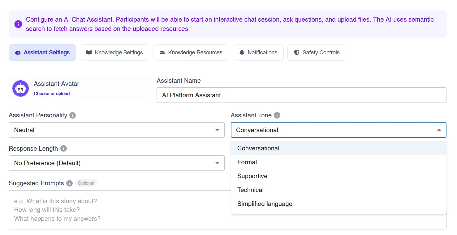 Figure 4: Assistant tone options for an AI study assistant: conversational, formal, supportive, technical and simplified language.