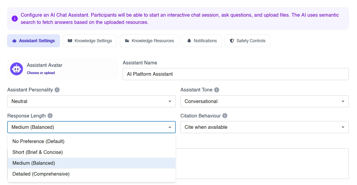 Figure 5: Response length settings for an AI study assistant: short, medium or detailed answers