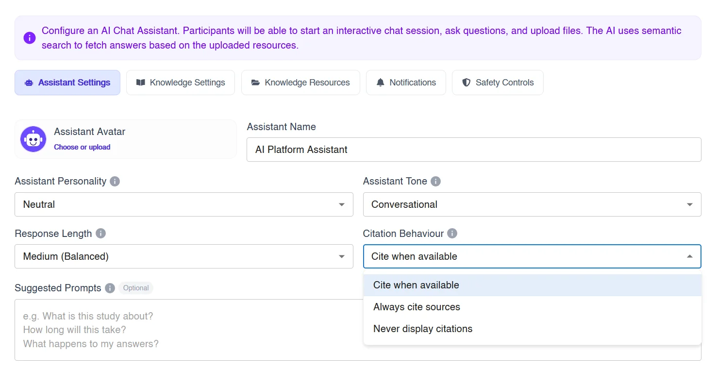 Figure 6: Citation behaviour settings for an AI study assistant: cite when available, always cite sources or never display citations.