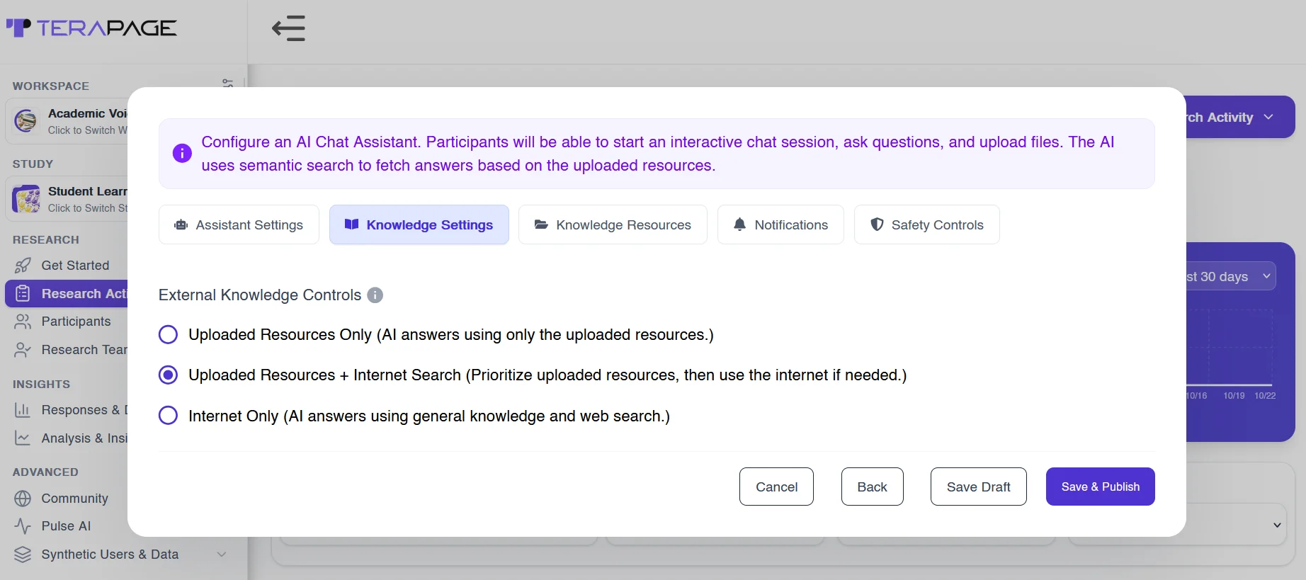 Figure 7: External knowledge controls for an AI study assistant: uploaded resources only, uploaded resources plus internet search, or internet only.
