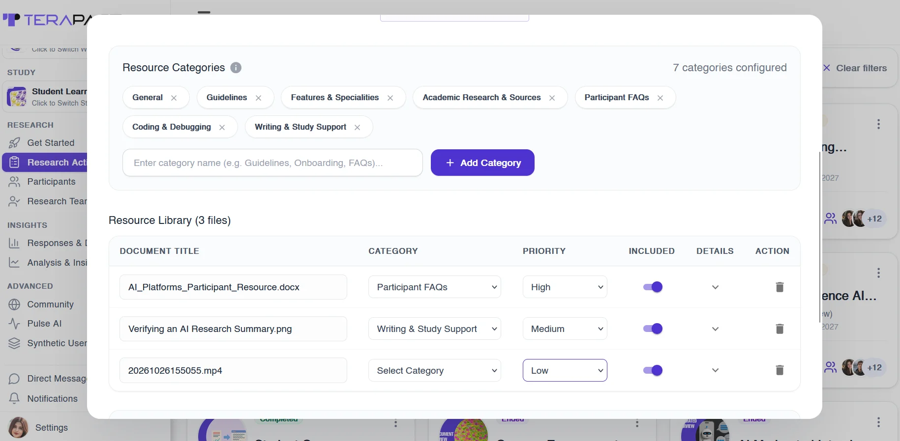 Figure 8: Uploading knowledge resources and organising them by category and priority for an AI study assistant.