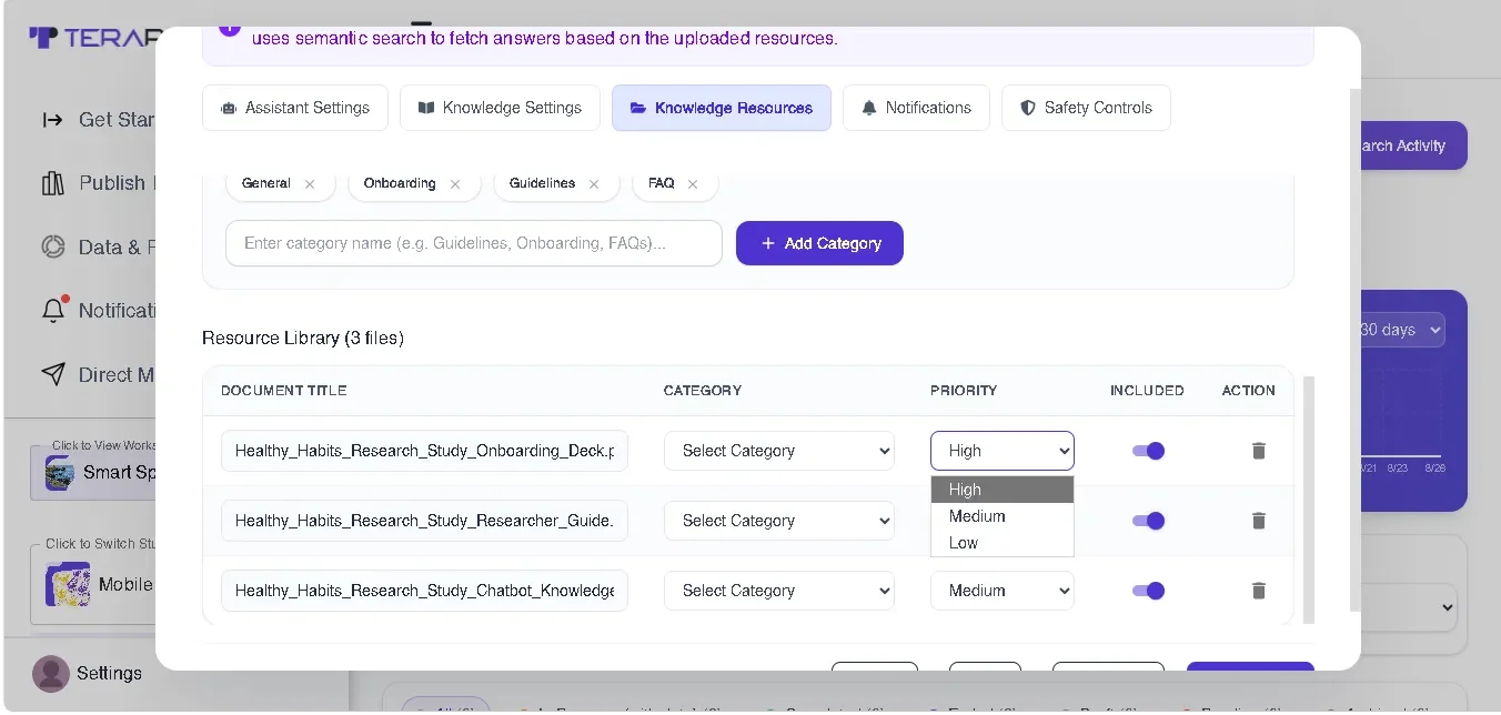 Figure 9: Organising study files in the knowledge resource library by category, priority and inclusion.