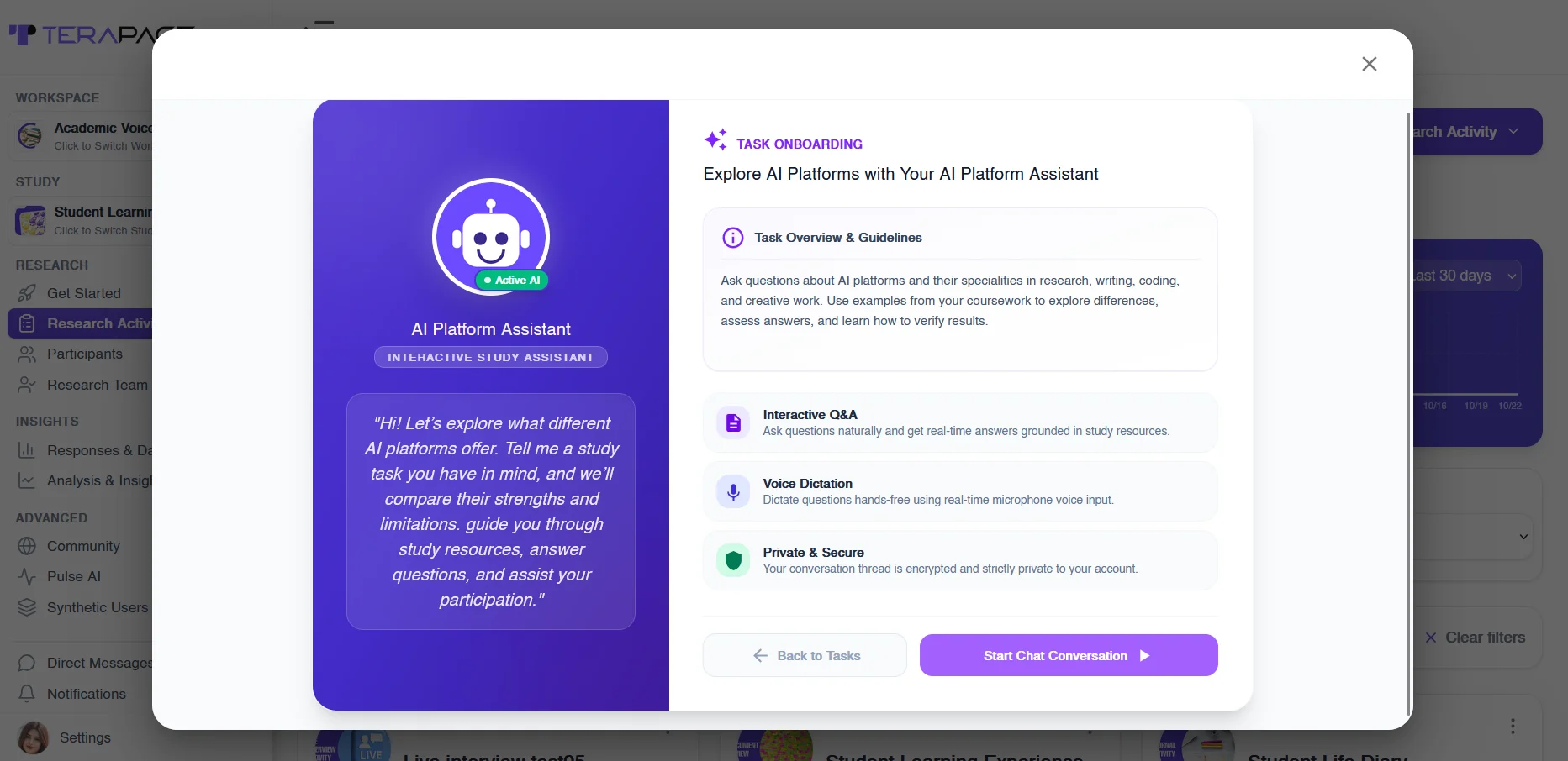 Figure 10: Task onboarding screen introducing the AI study assistant to research participants.