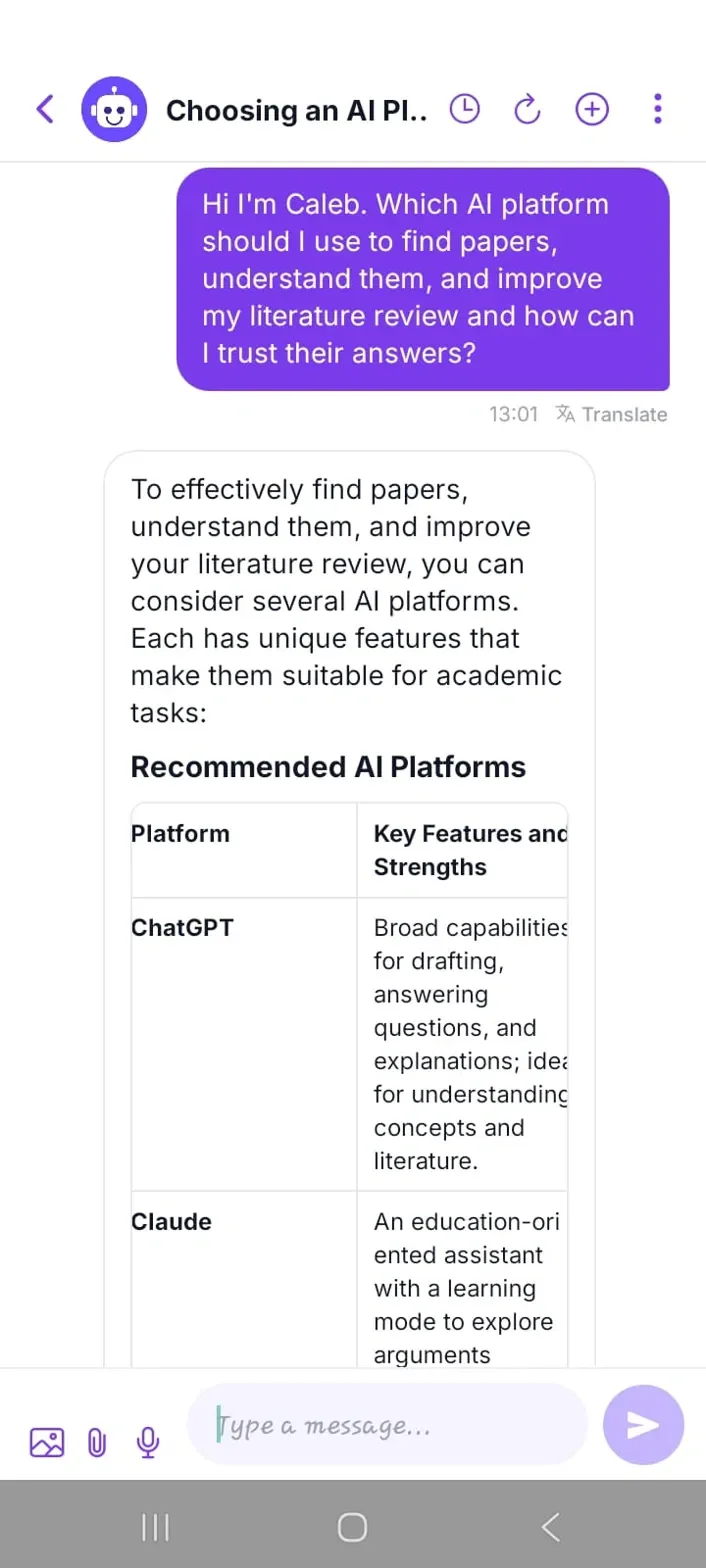 Figure 11: A research participant asking an AI study assistant a question on mobile and receiving a structured answer.