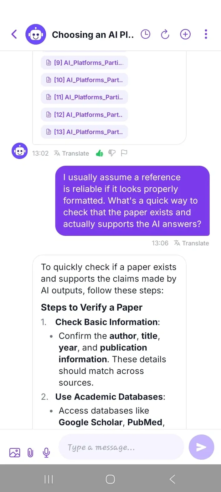Figure 12: An AI study assistant answer with numbered source citations and a participant follow-up question.