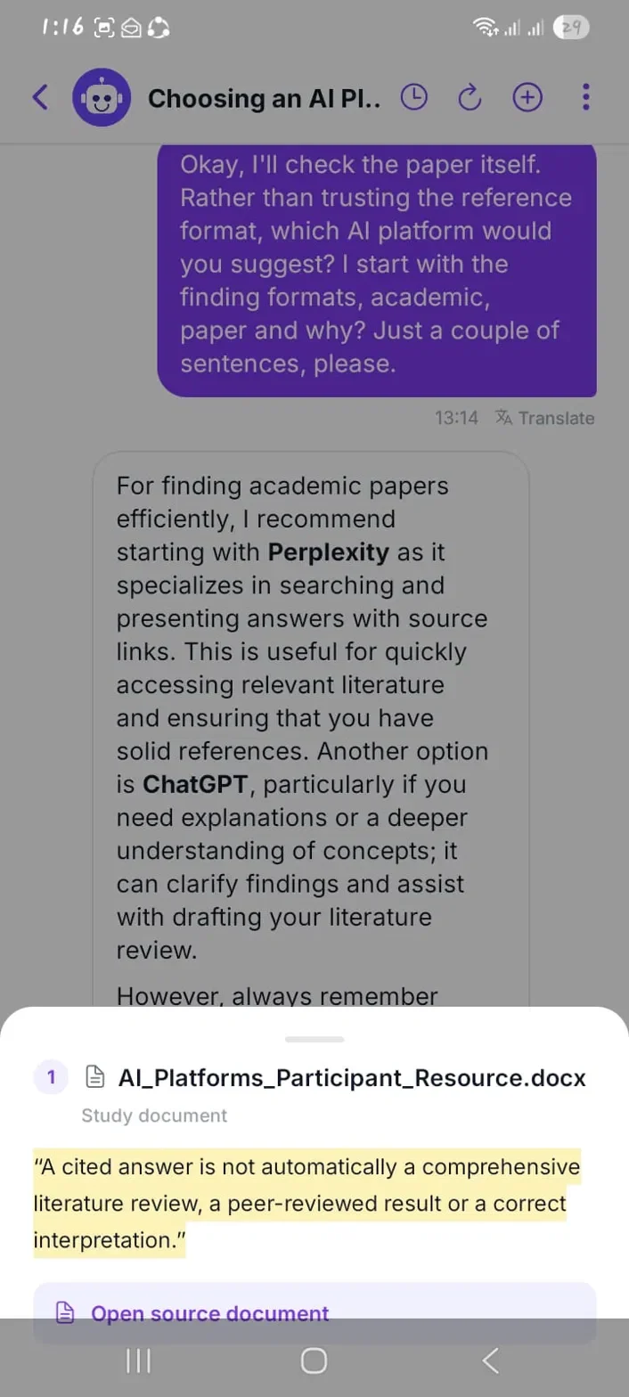 Figure 14: A source citation opened in the AI study assistant, showing the highlighted quote from the study document.