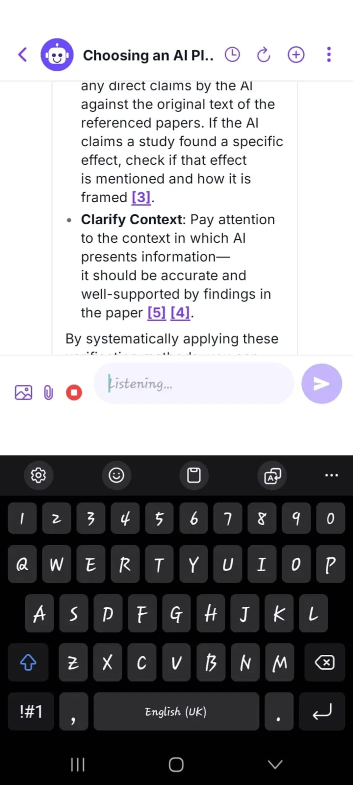 Figure 15: A participant using voice dictation to ask the AI study assistant a question on mobile.
