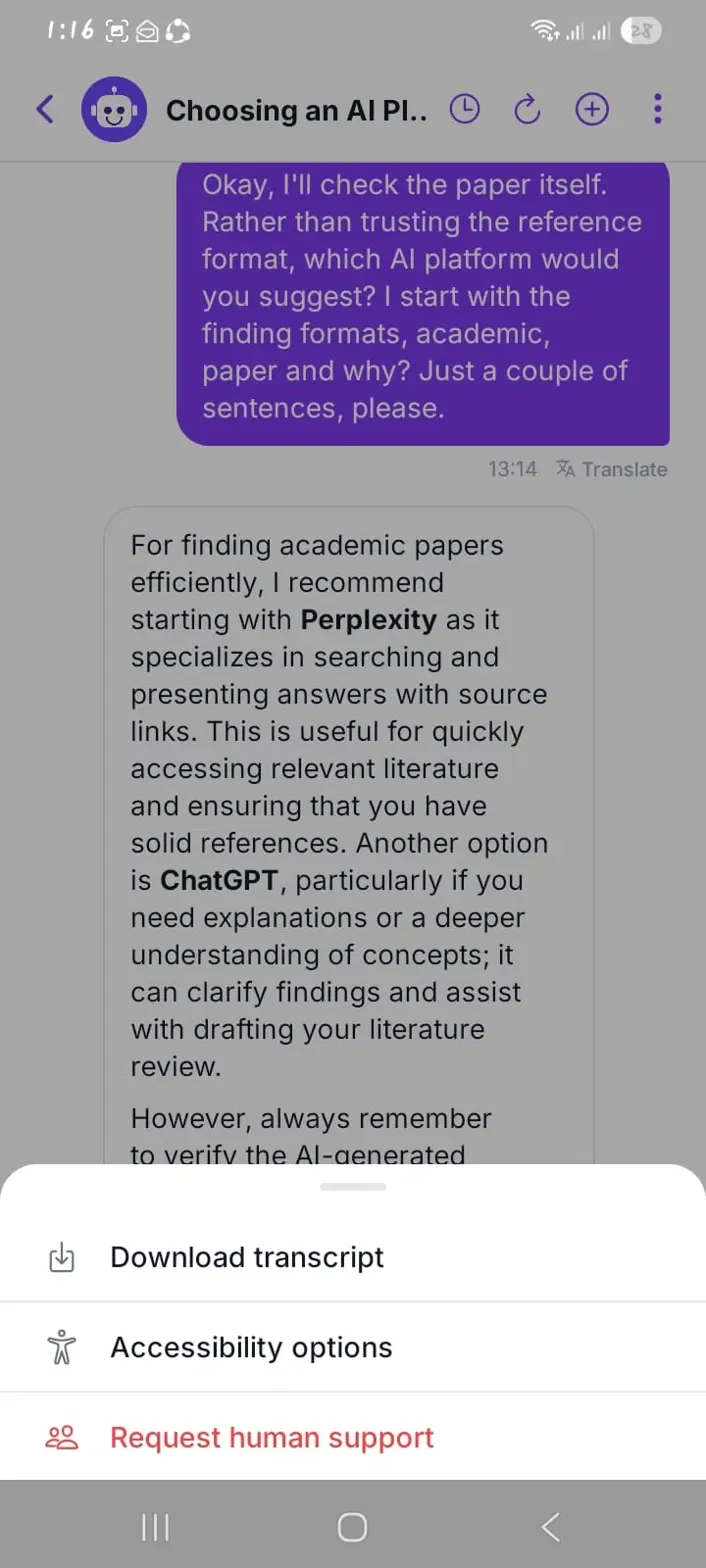  Figure 17: AI study assistant menu with options to download transcript, accessibility settings or request human support.