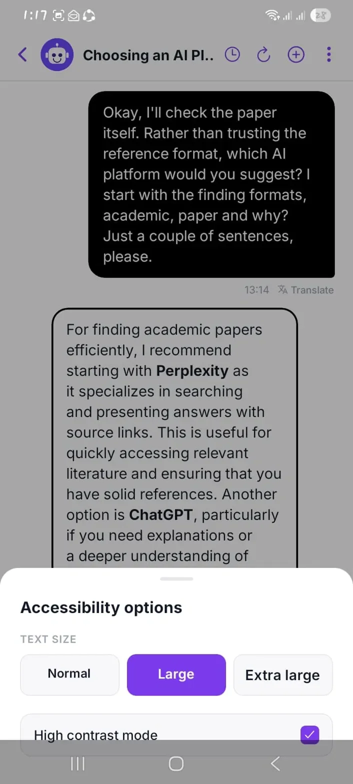 Figure 18: Accessibility options in the AI study assistant: larger text sizes and high contrast mode.