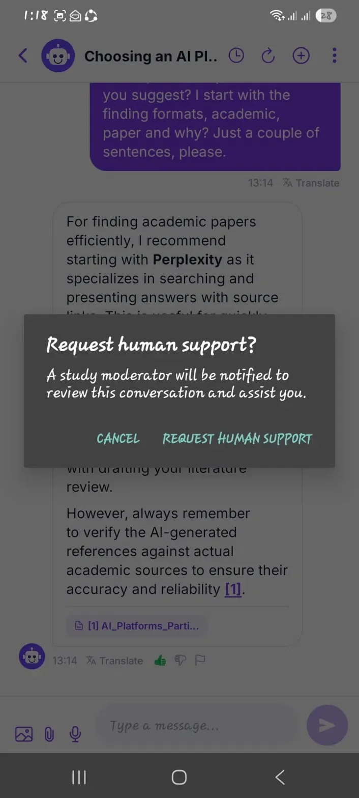  Figure 19: A participant requesting human support from a study moderator inside the AI study assistant chat.