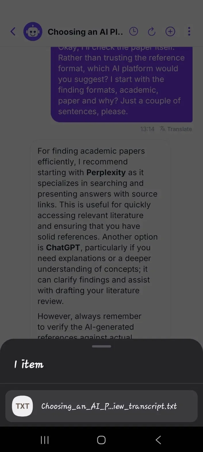  Figure 20: Downloading the AI study assistant chat transcript as a text file on mobile.