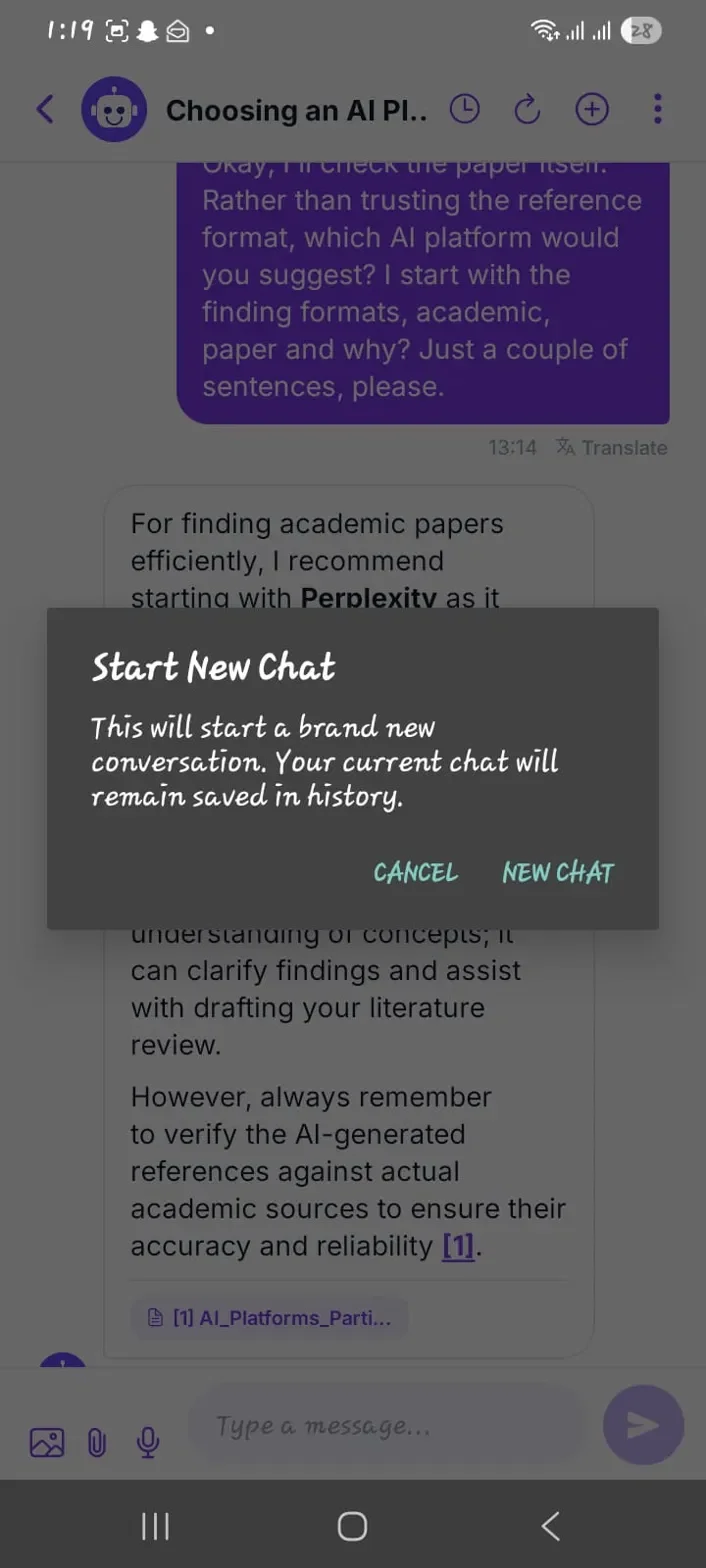 Figure 21: Starting a new chat with the AI study assistant while the previous conversation stays saved in history.